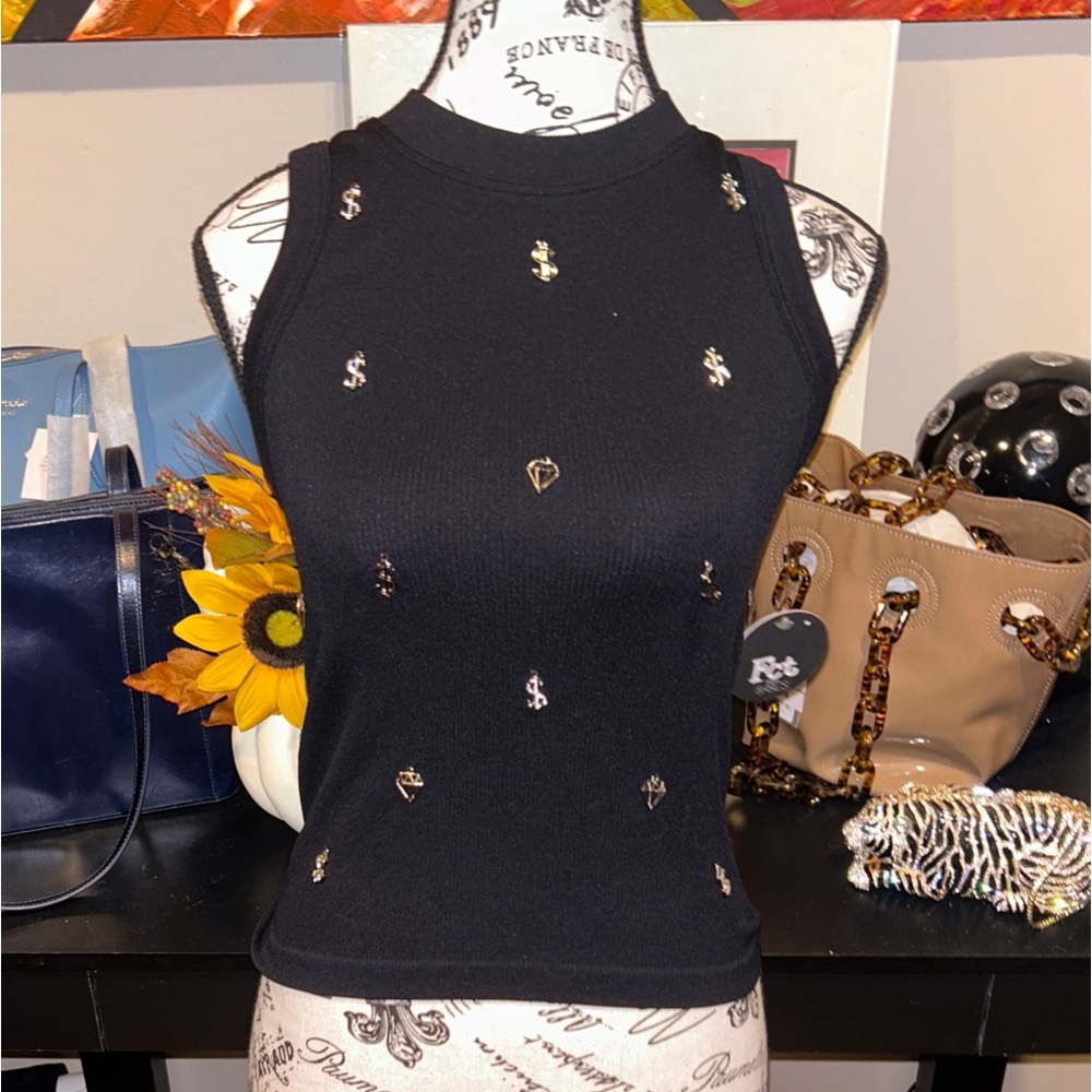 FCT basic Black ribbed Sleeveless Top with Silver $ accents and diamond XS